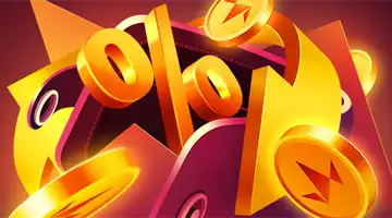 Изображение золотого символа процента в окружении золотых монет, символизирующее кэшбэк-бонус в Aurora Онлайн-казино.